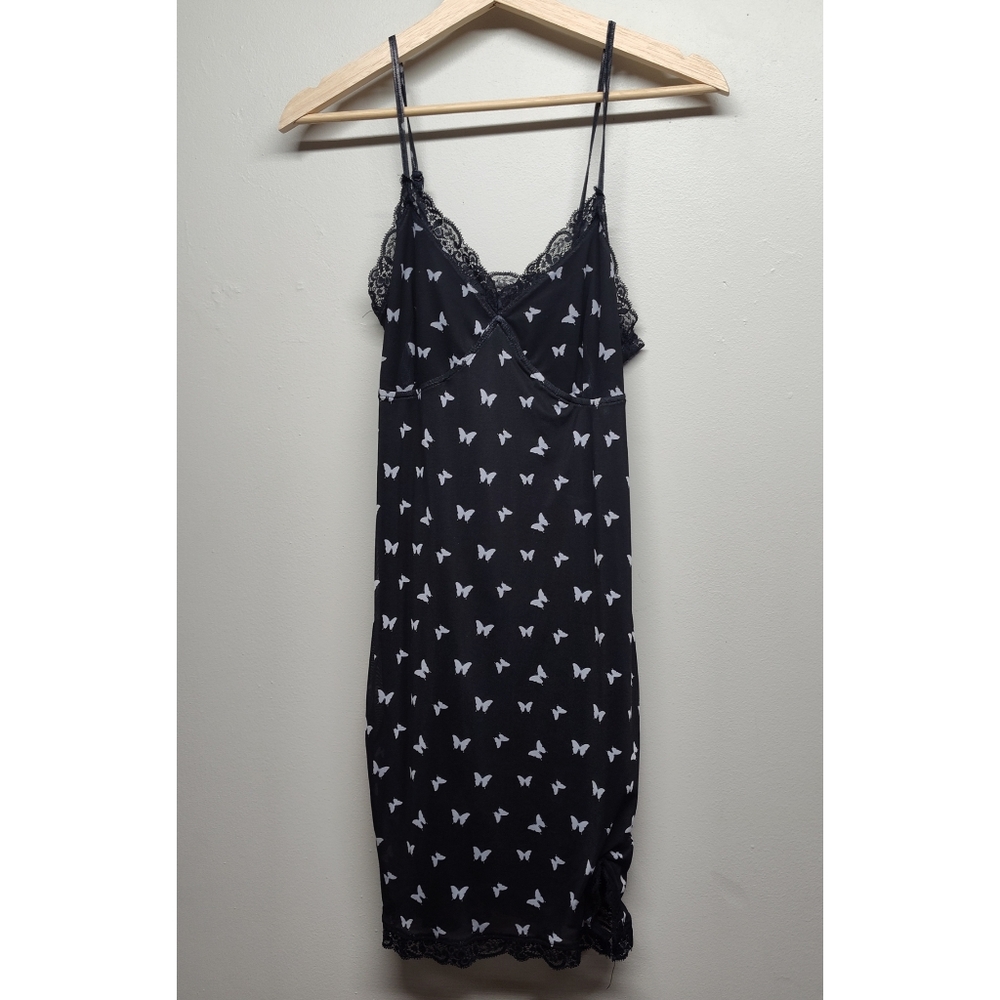 Babydoll Mini Dress Women Size S Black Butterflies Sleeveless Retro Y2K 90s